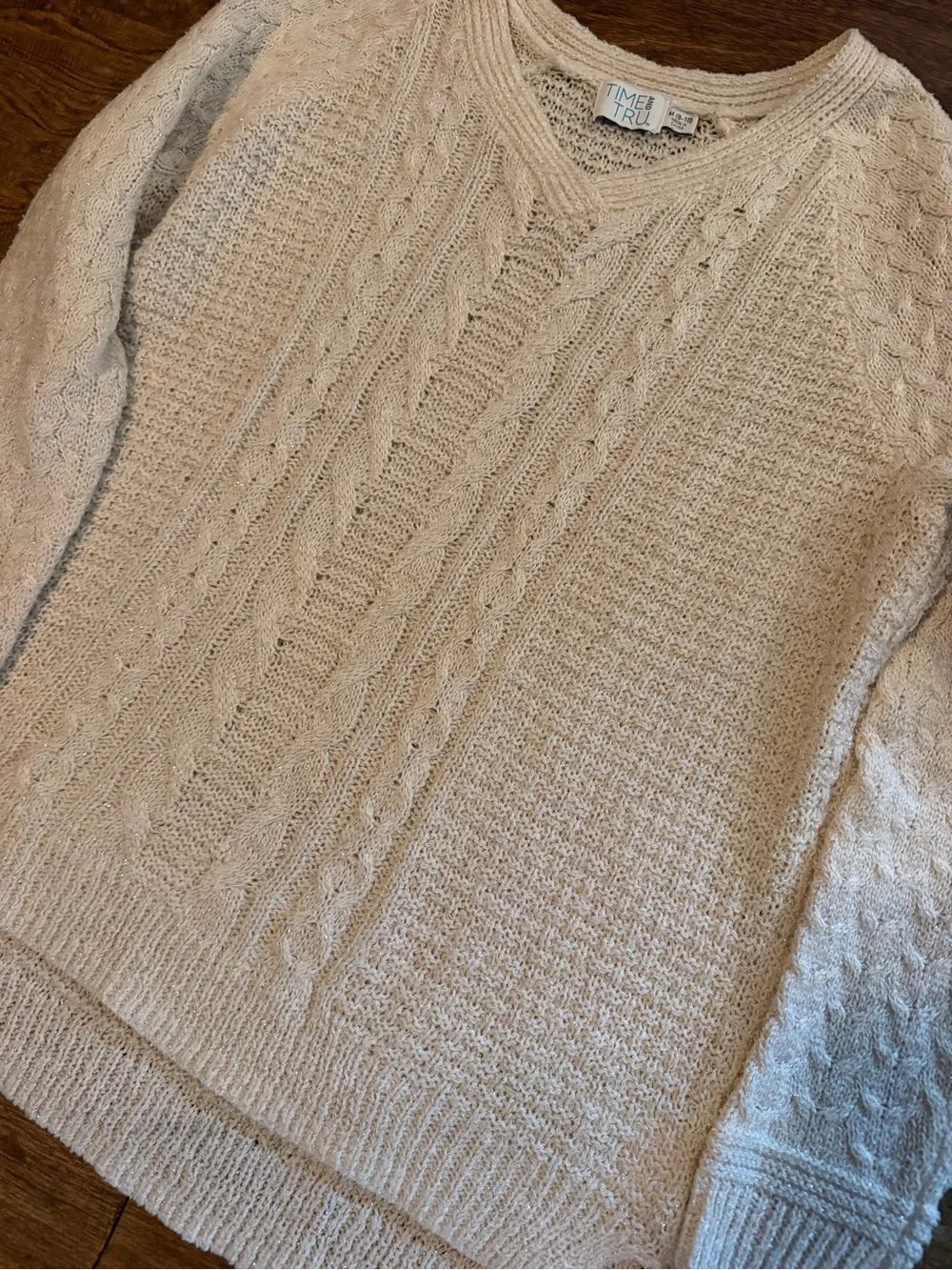 Time and Tru Cream Cable-Knit V-Neck Pullover Sweater